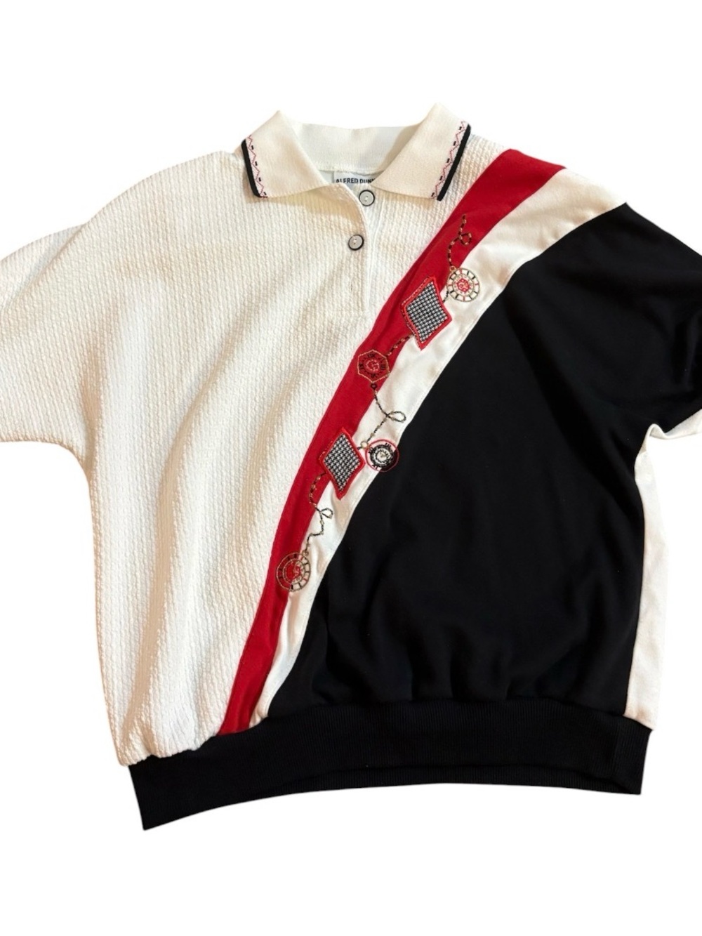 Alfred Dunner Cream, Red & Black Diagonal Stripe Women’s Polo